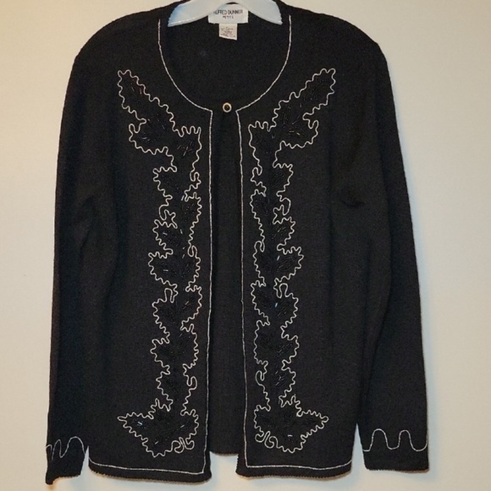 Alfred Dunner Petite Black Beaded Cardigan Sweater Silver Leaf Embroidery PLarge